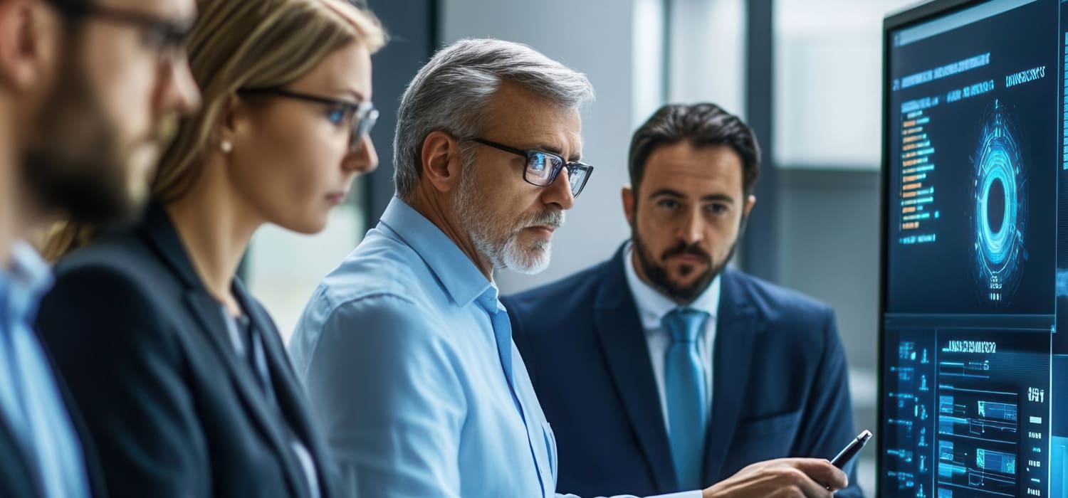worried professional looking at multiple screens with data charts, symbolizing a tech crisis. My Tampa IT helps protect and recover business data.